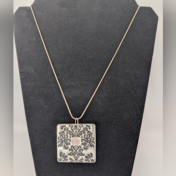 None Jewelry - Silver Necklace with Square Flower Charm Light Pink and Black Floral Design